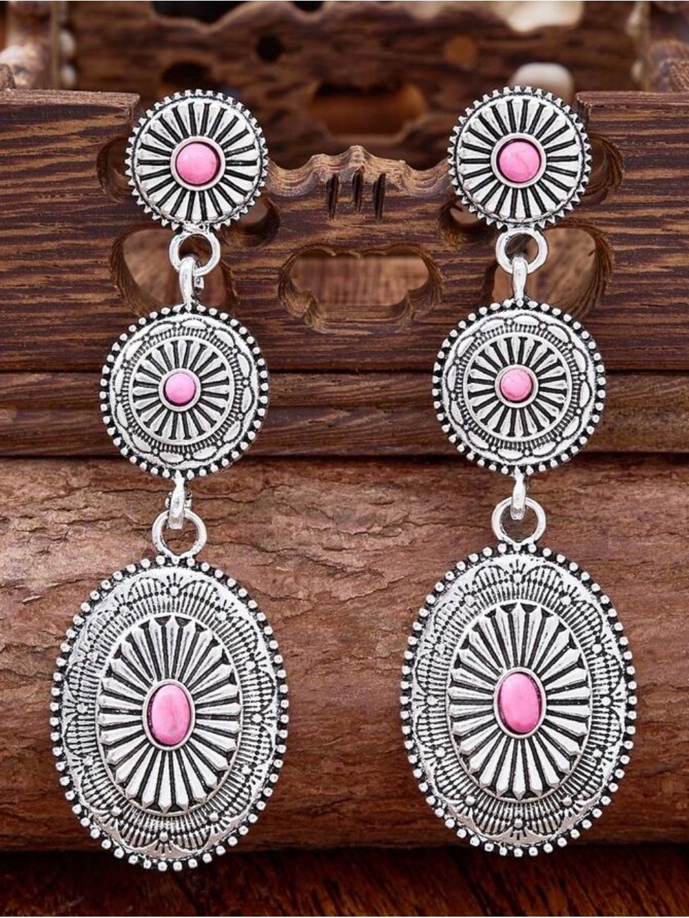 Bohemian Silver-Tone Pink Stone Drop Earrings